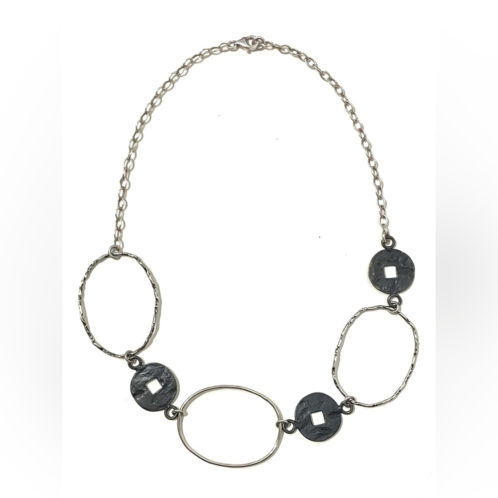Sterling Silver Modernist Bronze Coins Necklace 17”
